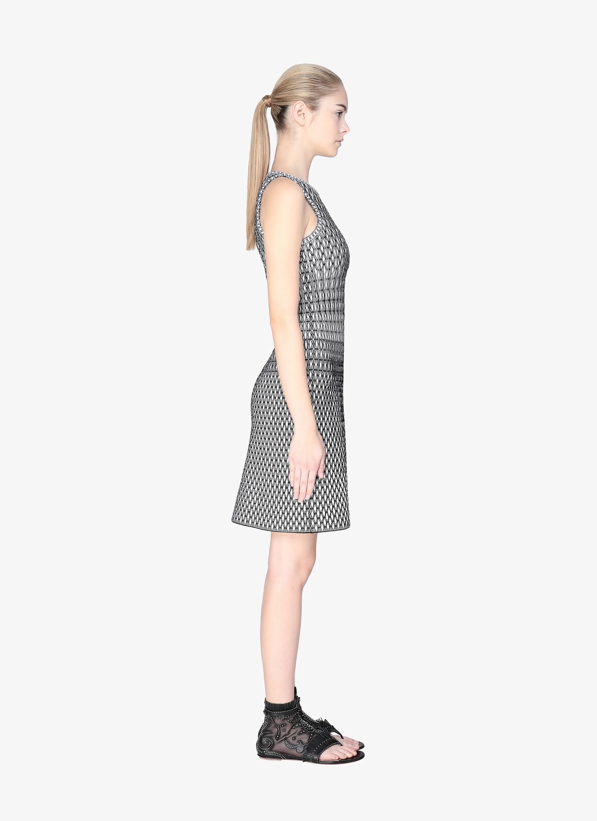 SLEEVELESS DRESS ROCAILLE IVORY/BLACK ALAÏA IVORY/BLACK SLEEVELESS DRESS ROCAILLE IVORY/BLACK